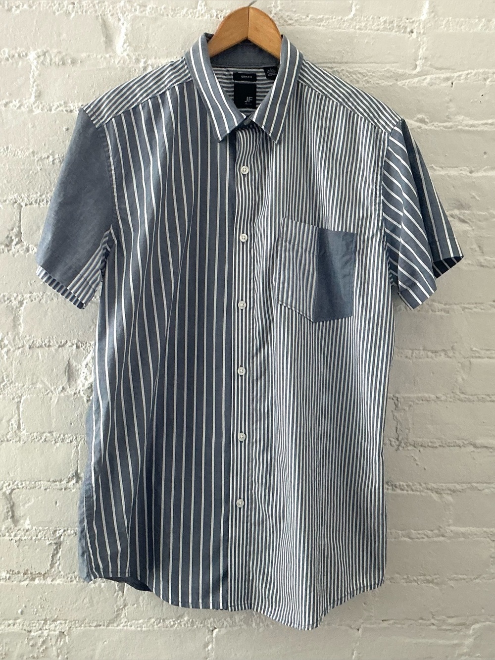JF J Ferrar Mens Slim Fit Striped Print Short Sleeve Button Up Shirt Size  L